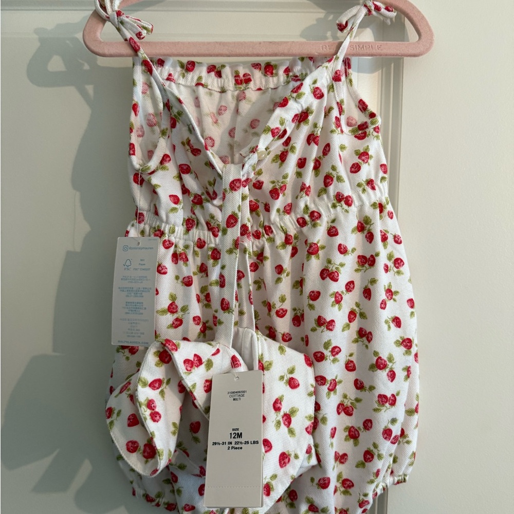 Ralph Lauren White Strawberry Print Girls One-Piece Romper - Picture 2 of 2